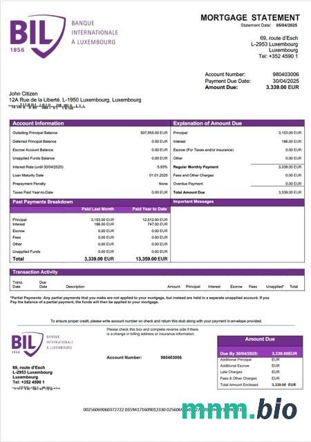 Luksemburg Banque Internationale à Luxembourg wyciąg z kredytu hipotecznego szablon Word i PDF